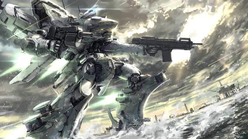 absurdres, armor, armored_core, armored_core:_for_answer, assault_visor, battle, blue_eyes, clouds