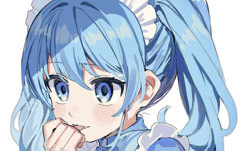 1girl, :p, bad_id, bad_twitter_id, blue_eyes, blue_hair, fang, hair_between_eyes