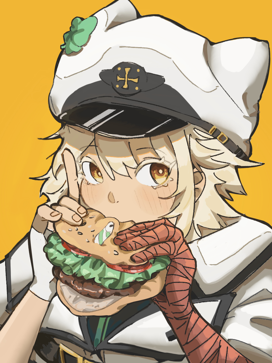 1girl, animal_hat, bandaged_arm, bandages, blonde_hair, burger, candle, cat_hat