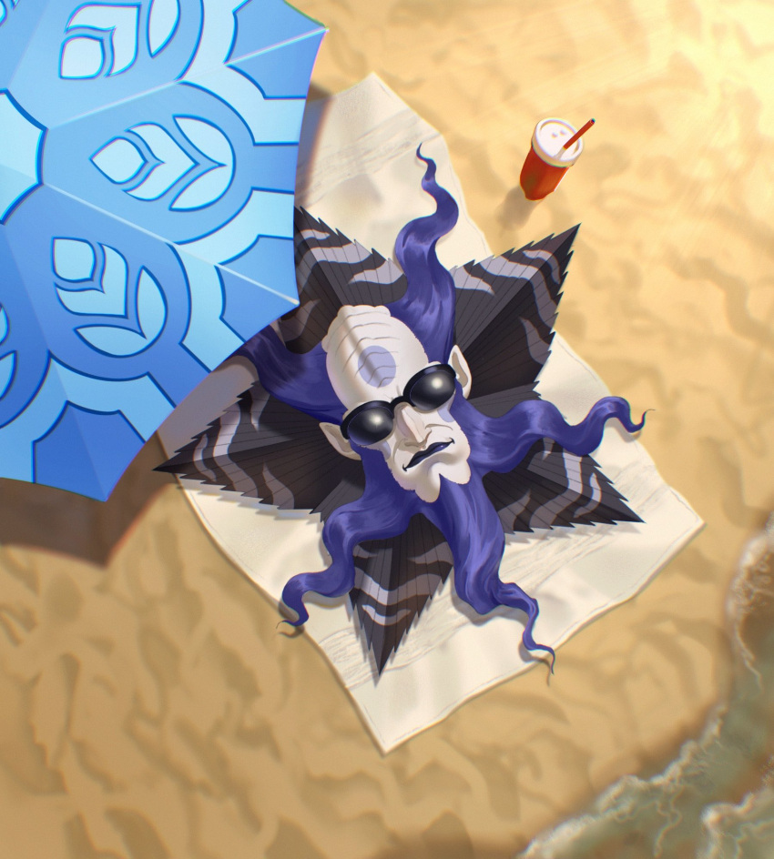 1boy, beach, beard, colored_skin, commentary, covered_eyes, cup, drinking_straw