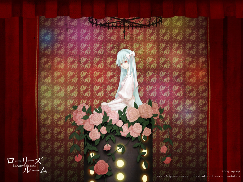 alternate_hairstyle, bad_id, blue_hair, chandelier, curtains, dress, flower, hair_ribbon, hairband, hatsune_miku, long_hair, lowry's_room_(vocaloid), lowry's_room_(vocaloid), onohana, pink_rose, red_eyes, ribbon, rose, seiza, sitting, solo, very_long_hair, vocaloid