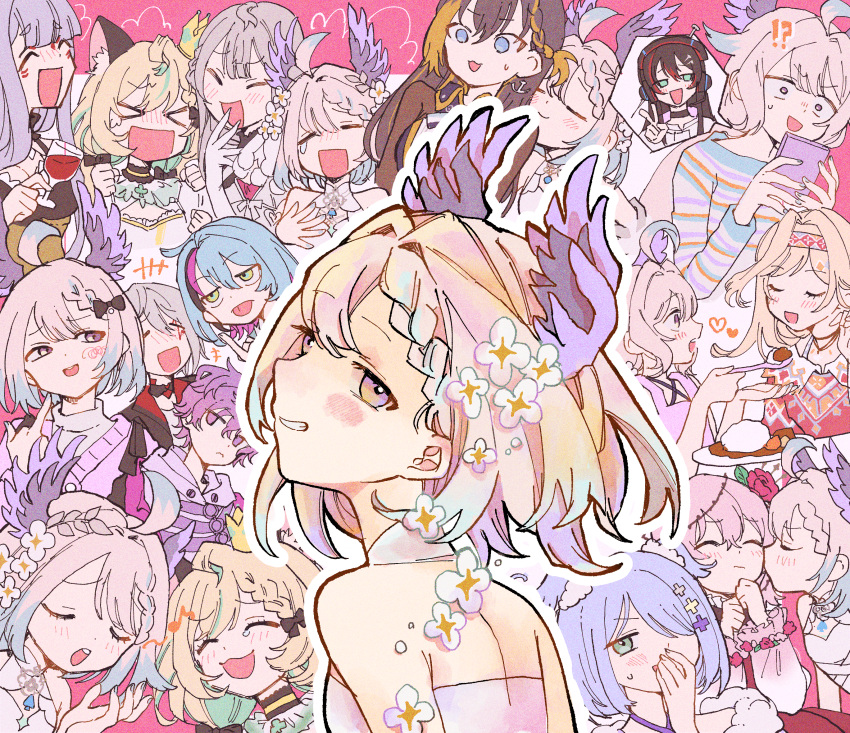 >_<, 3boys, 6+girls, :d, ahoge, anchor_earrings, apron, aqua_nails