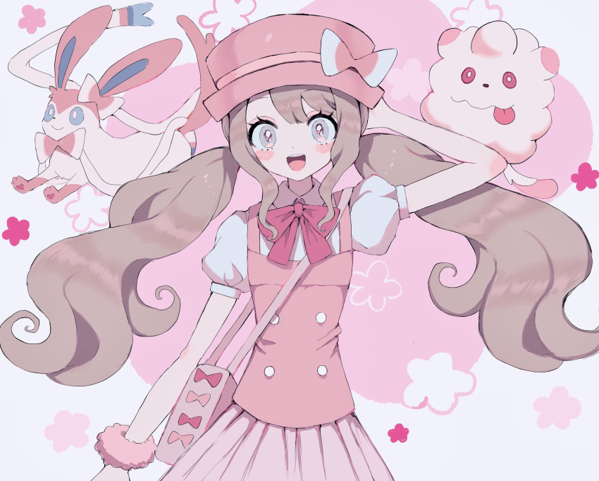 1girl, :d, arm_behind_head, bad_id, bad_twitter_id, blue_eyes, blush, bow, bracelet, brown_hair, closed_mouth, collared_shirt, cowboy_shot, flower, hand_up, hat, highres, jewelry, long_hair, looking_at_viewer, low_twintails, open_mouth, pink_bag, pink_bow, pink_flower, pink_hat, pink_shirt, pink_skirt, pleated_skirt, pokemon, pokemon_(creature), puffy_short_sleeves, puffy_sleeves, shirt, short_sleeves, sidelocks, skirt, smile, solo, standing, swirlix, sylveon, twintails, white_shirt, yuyuyuyhz