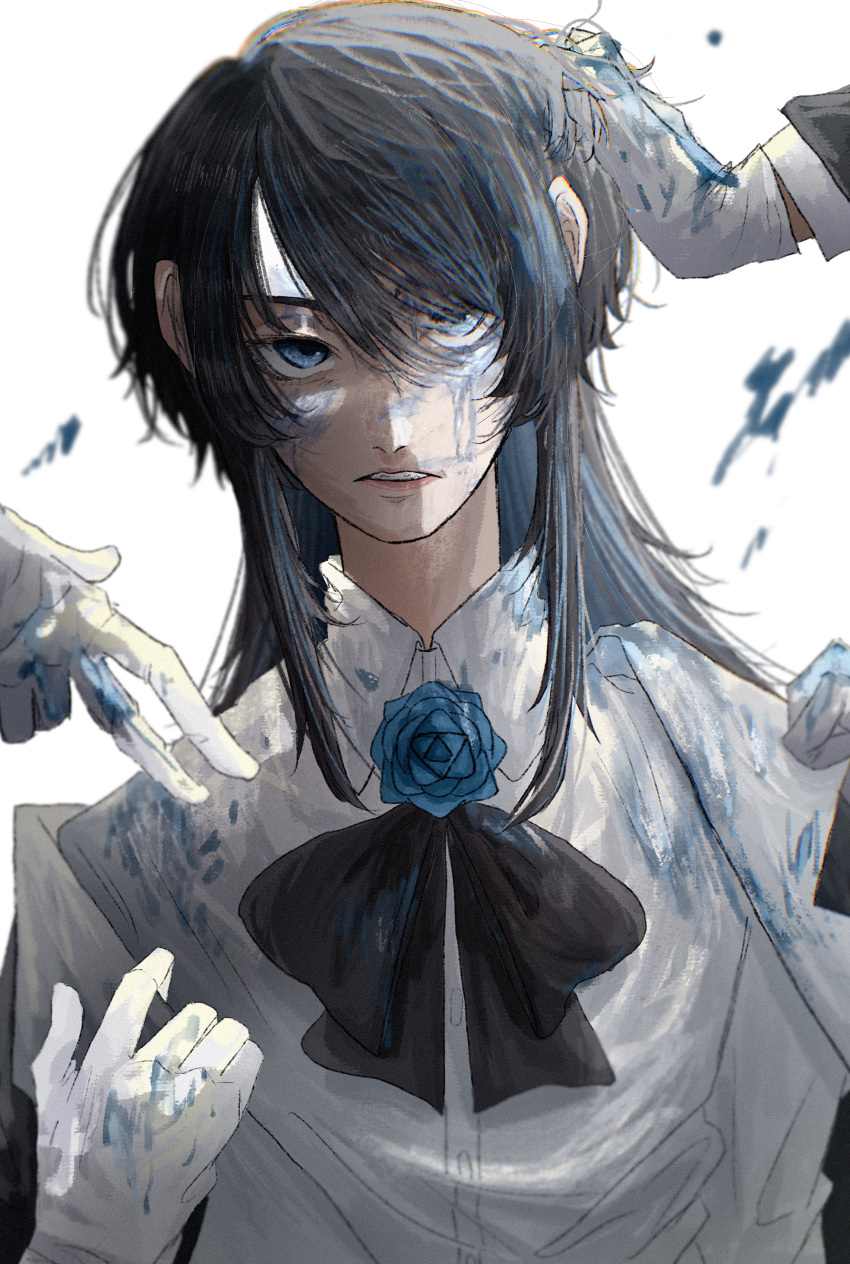 absurdres, ado_(utaite), black_bow, black_bowtie, blue_eyes, blue_flower, blue_hair, blue_rose