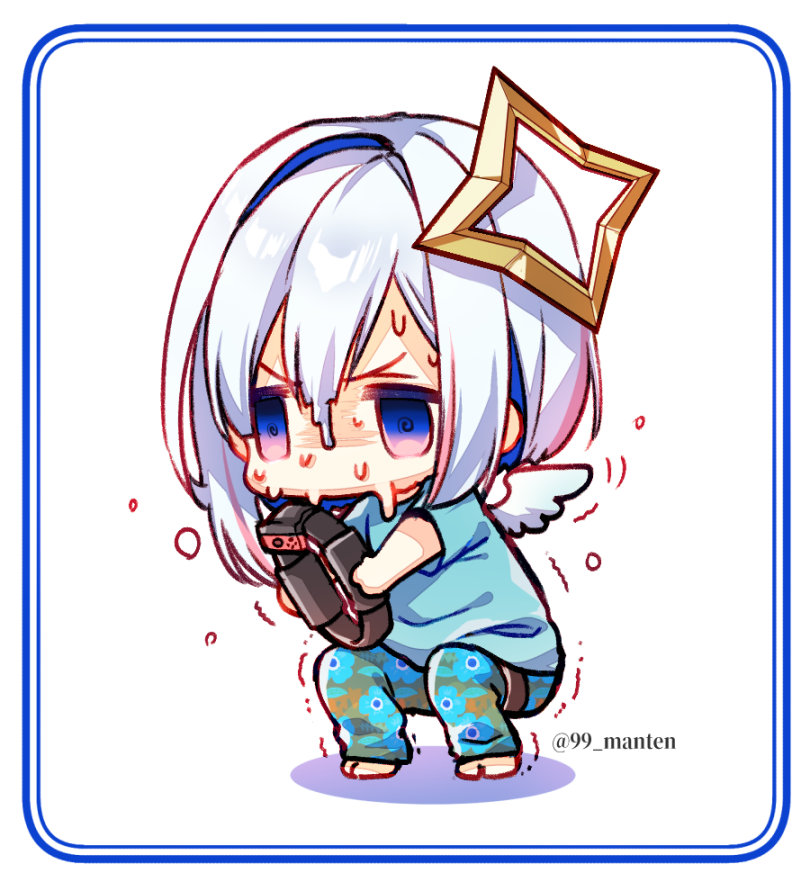 1girl, amane_kanata, barefoot, blue_eyes, blue_hair, chibi, exercising, full_body
