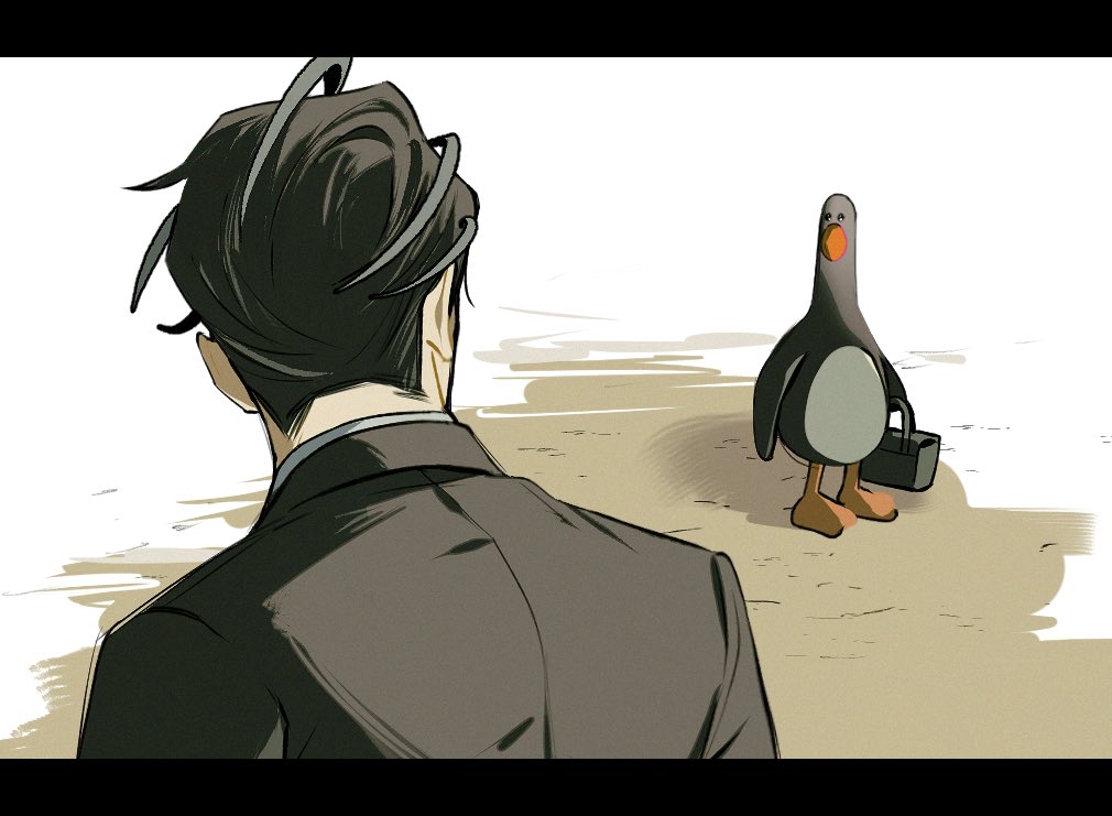 1boy, animal, bird, black_hair, black_jacket, briefcase, crossover, feathers_mcgraw