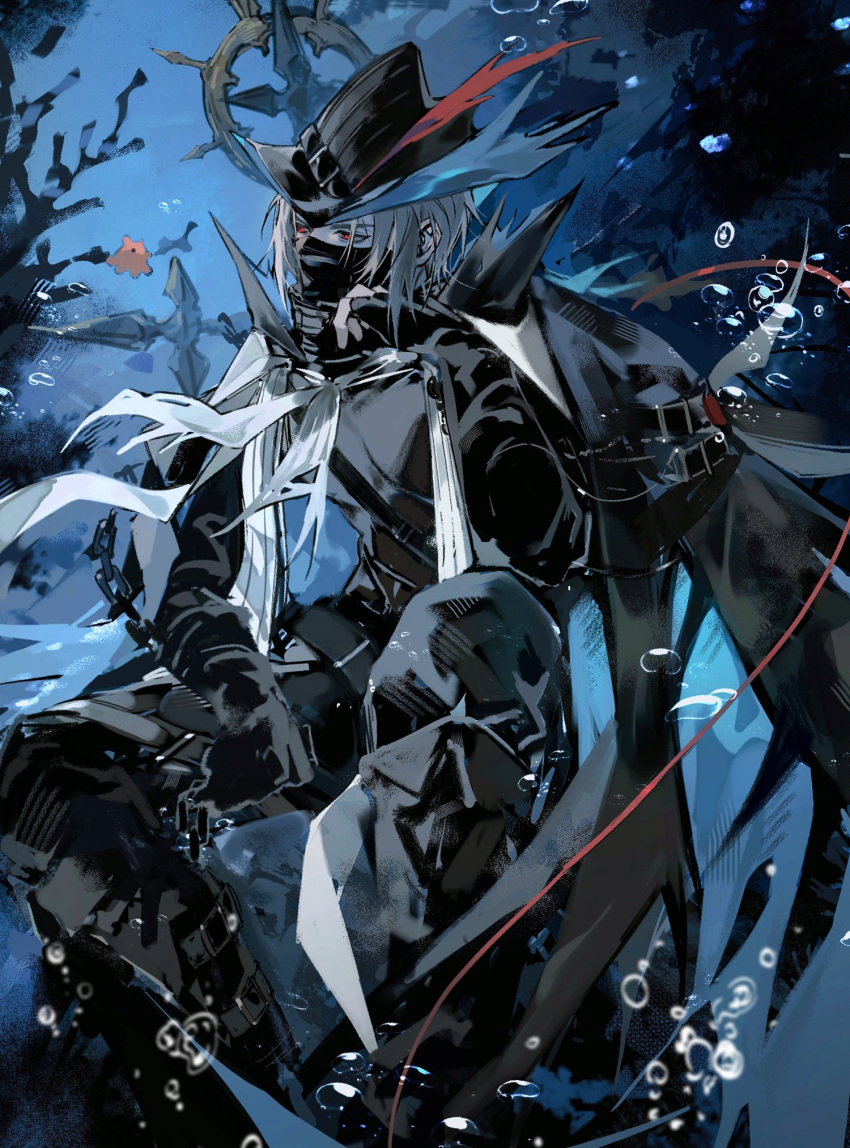 1boy, air_bubble, arknights, black_cape, black_gloves, black_hat, bubble, cape