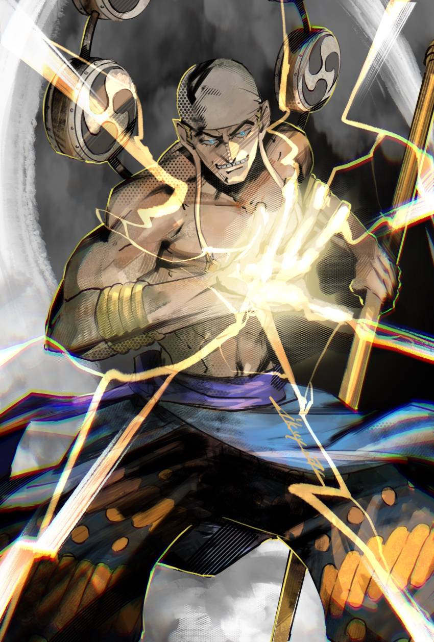 1boy, abs, absurdres, bandana, blonde_hair, blue_eyes, bracelet, drum