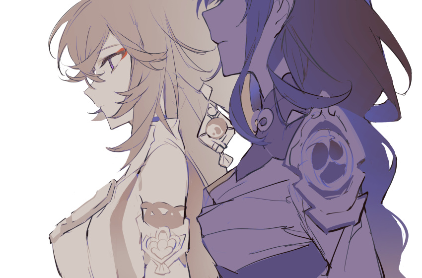 2girls, animal_ears, braid, closed_mouth, earrings, faceless, faceless_male, from_side, genshin_impact, hair_between_eyes, highres, japanese_clothes, jewelry, long_hair, looking_down, multiple_girls, pink_hair, purple_hair, raiden_shogun, simple_background, single_bare_shoulder, single_braid, single_earring, standing, violet_eyes, white_background, yae_miko, youzaiyouzai143, yuri