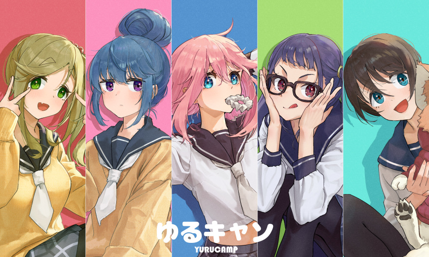 5girls, :d, :p, absurdres, blue_eyes, blue_hair, blue_sailor_collar, blush