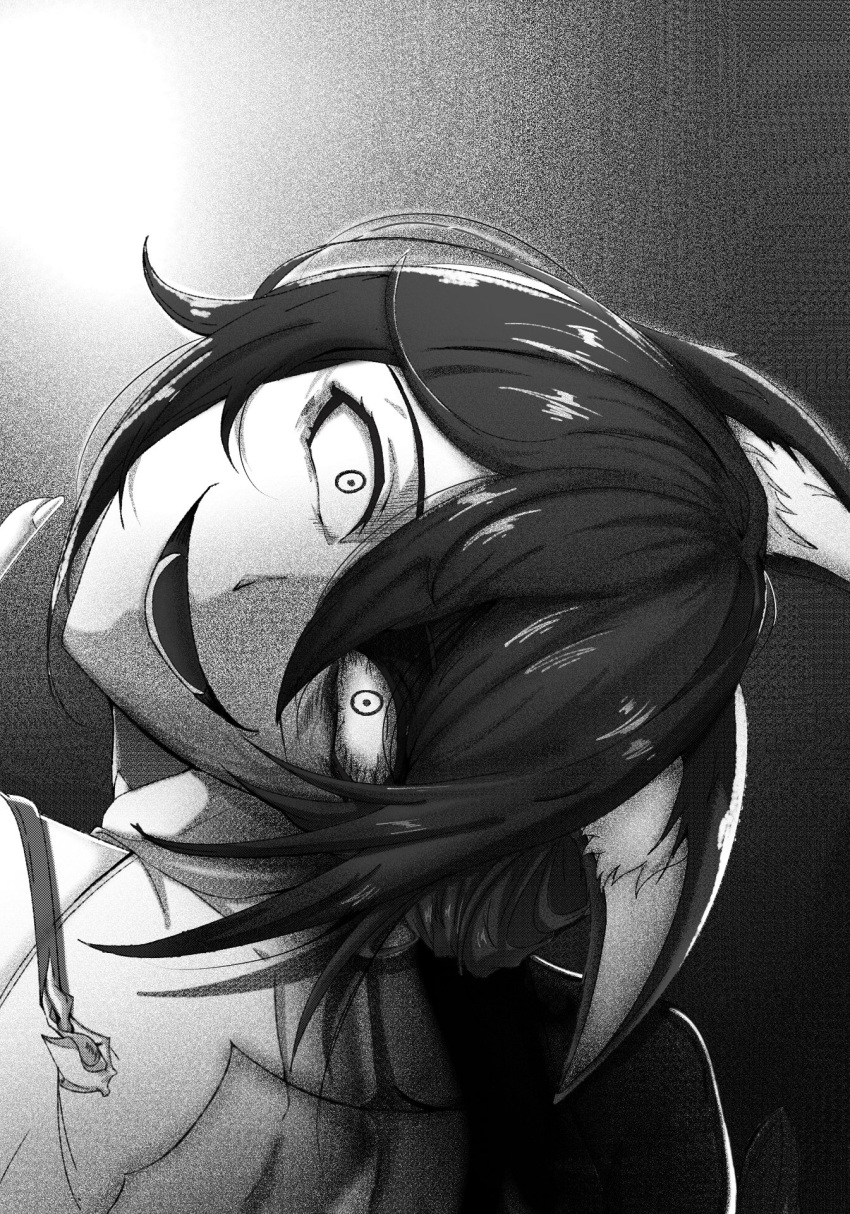1girl, animal_ear_fluff, animal_ears, armyx879, commentary_request, crazy_smile, english_commentary, fox_ears, fox_girl, from_behind, grey_background, greyscale, hair_between_eyes, head_tilt, highres, honkai:_star_rail, honkai_(series), index_finger_raised, long_hair, looking_at_viewer, mixed-language_commentary, monochrome, neck_snap, sidelocks, smile, solo, tingyun_(honkai:_star_rail), upper_body, wide-eyed