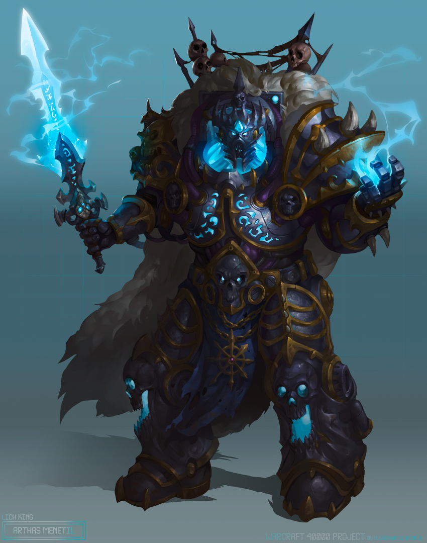 1boy, absurdres, alexeykruglov, armor, arthas_menethil, blue_eyes, cape, chaos_(warhammer), character_name, crown, daemon_primarch, demon, english_commentary, frostmourne, full_body, fur_cape, gauntlets, glowing, glowing_eyes, glowing_sword, glowing_weapon, greaves, helmet, highres, holding, holding_sword, holding_weapon, looking_at_viewer, male_focus, pelvic_curtain, primarch, skull, solo, spiked, standing, sword, warcraft, warhammer_40k, weapon