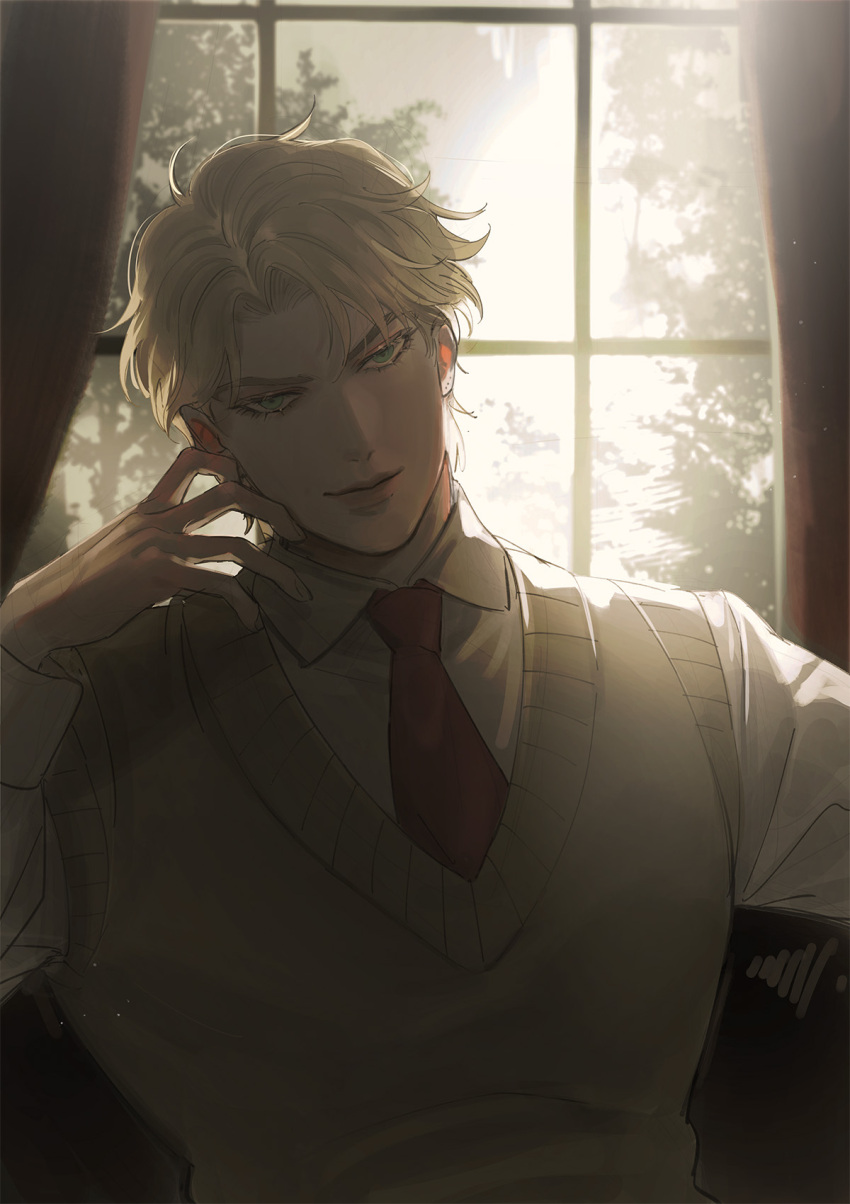 1boy, backlighting, blonde_hair, blue_eyes, bustersiri, dio_brando, ear_birthmark, hands_on_own_face