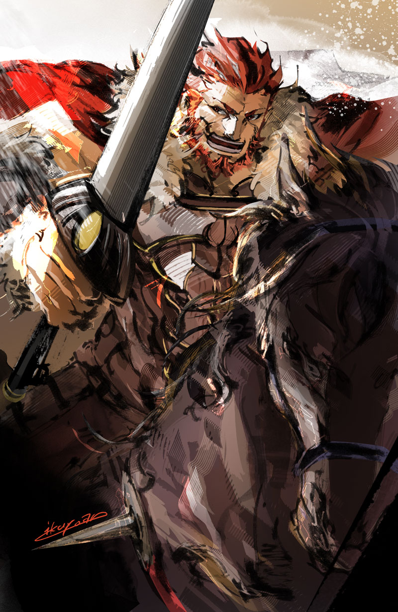 artist_name, beard, bucephalus_(fate), cape, dust, facial_hair, fate/zero, fate_(series)