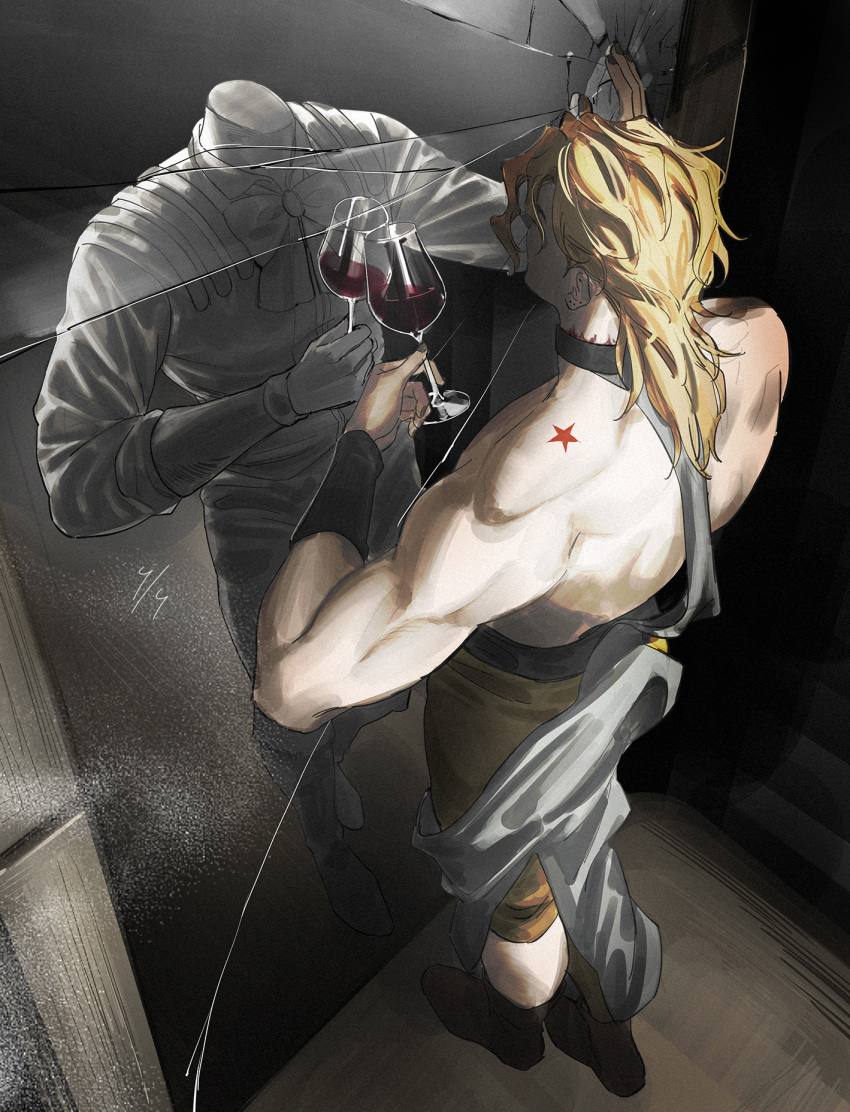 2boys, alcohol, back, bare_shoulders, birthmark, blonde_hair, broken_glass, broken_mirror