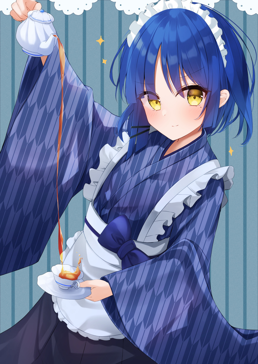 1girl, absurdres, blue_hair, blue_kimono, bocchi_the_rock!, cup, highres, holding