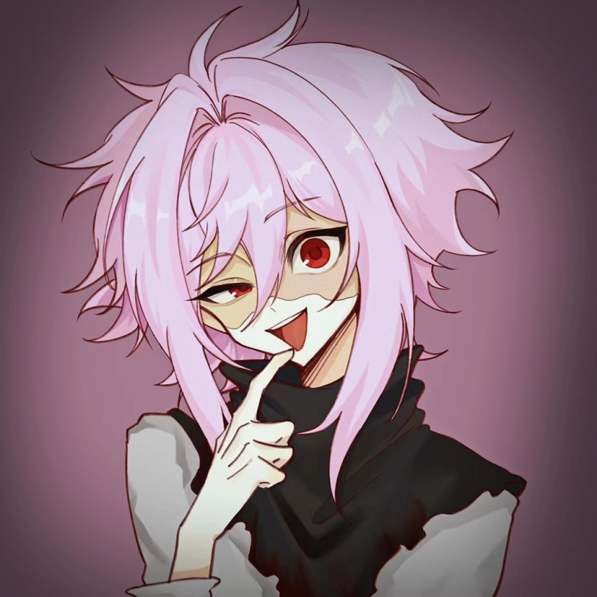 1boy, black_capelet, capelet, finger_to_mouth, grey_shirt, hair_between_eyes, hair_intakes, long_sleeves