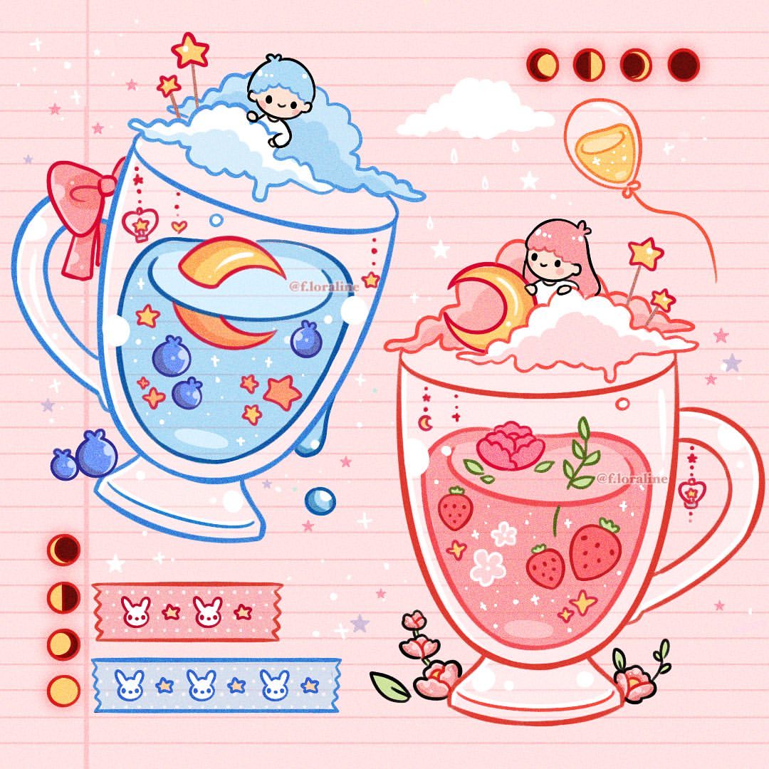 1boy, 1girl, antenna_hair, balloon, black_eyes, blue_hair, blueberry, blush_stickers, chibi, closed_mouth, commentary, crescent_moon, drink, english_commentary, f.loraline, flower, food, food_focus, fruit, glass, instagram_username, kiki_(little_twin_stars), lala_(little_twin_stars), little_twin_stars, long_hair, long_sleeves, moon, on_cloud, pink_background, pink_flower, pink_hair, pink_rose, rabbit, rose, sanrio, shirt, short_hair, simple_background, smile, solid_circle_eyes, star_(symbol), strawberry, tape, white_shirt