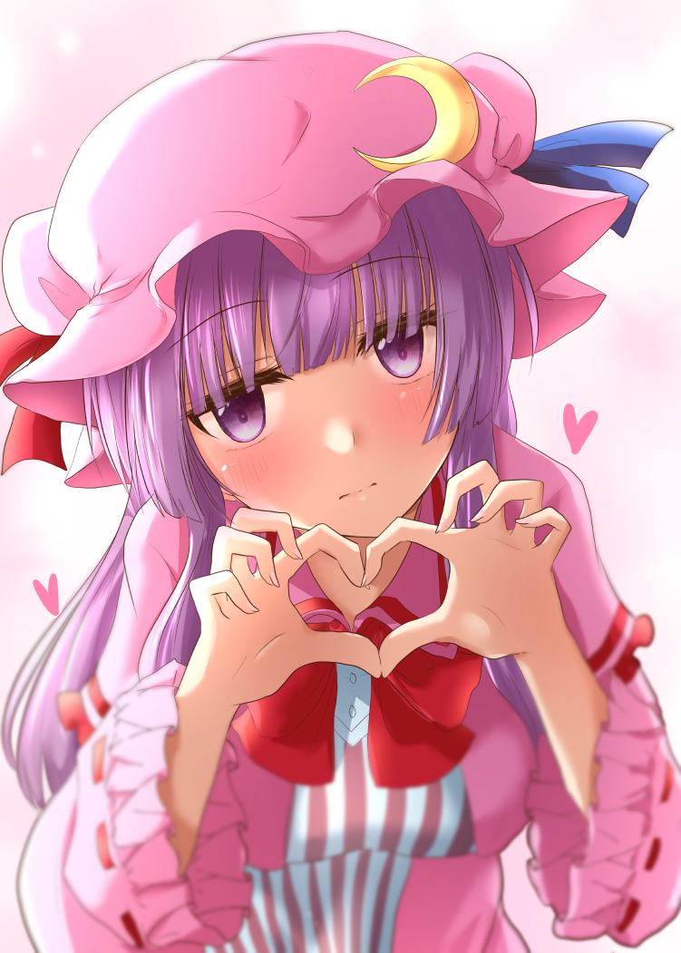 1girl, ascot, blush, breasts, crescent, crescent_hat_ornament, frilled_sleeves, frills