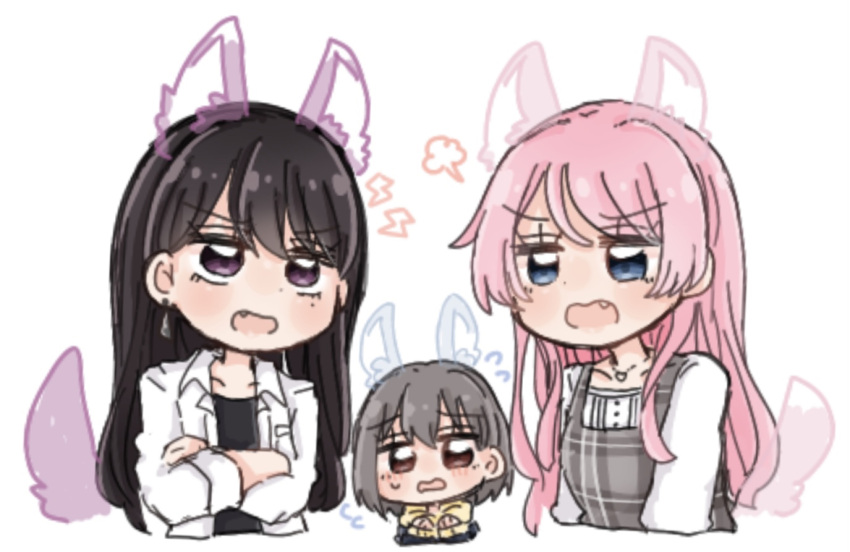 3girls, bang_dream!, bang_dream!_it's_mygo!!!!!, black_shirt, blue_eyes, blush, brown_hair, chihaya_anon