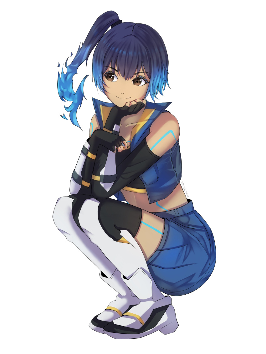 1girl, absurdres, black_gloves, blue_hair, blue_jacket, blue_shorts, body_markings, brown_eyes