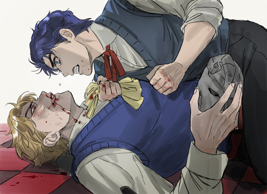 2boys, angry, bleeding, blonde_hair, blood, blood_on_clothes, blood_on_face, blood_on_hands