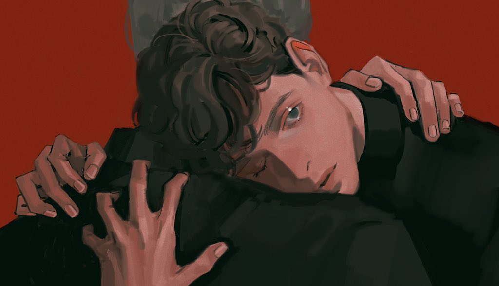 2boys, black_shirt, blue_eyes, brown_hair, collared_shirt, commentary, expressionless, eyelashes, fingernails, from_behind, grey_hair, hand_on_another's_back, hand_on_another's_neck, hand_on_another's_shoulder, hashtag-only_commentary, head_on_another's_shoulder, high_collar, hug, looking_at_viewer, male_focus, multiple_boys, one_eye_closed, original, parted_lips, pink_lips, red_background, sekuda, shirt, short_hair, simple_background, thick_eyebrows, upper_body