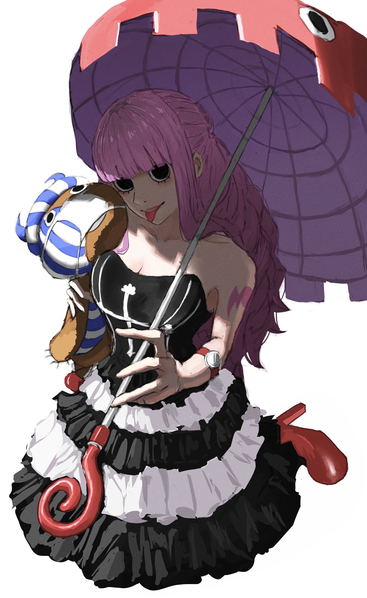 1girl, arm_tattoo, armald0, black_dress, black_eyes, blunt_bangs, dress, english_commentary