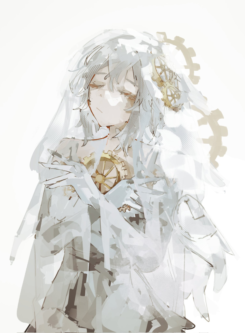 1girl, bridal_veil, clock_print, closed_eyes, crossed_arms, dress, e.g.o_(project_moon), faust_(project_moon)