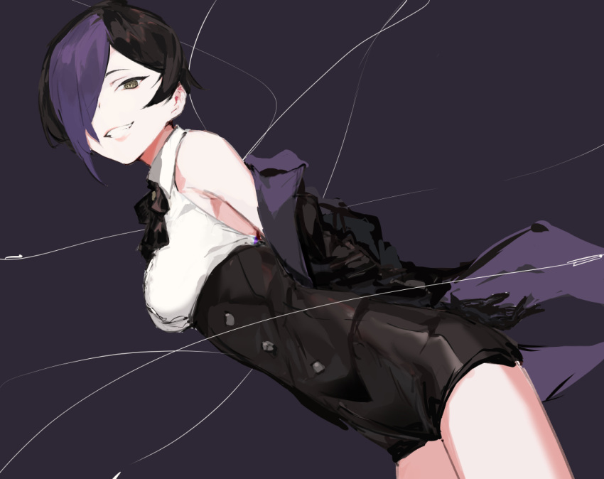 1girl, bare_shoulders, black_bow, black_bowtie, black_hair, bow, bowtie, buttons, grin, ishura, kureta_(nikogori), multicolored_hair, nihilo_the_vortical_stampede, official_art, purple_hair, smile, solo, two-tone_hair, yellow_eyes