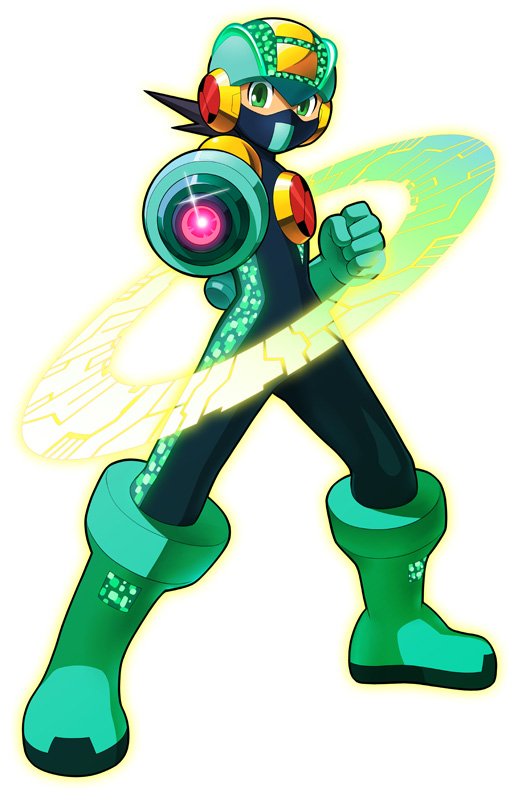 1boy, aiming, aiming_at_viewer, arm_cannon, bodysuit, brown_hair, full_body, glowing, green_bodysuit, green_eyes, green_footwear, green_helmet, hi-go!, male_focus, mask, mega_buster, mega_man_(series), mega_man_battle_network_(series), megaman.exe, mouth_mask, neon_trim, short_hair, simple_background, solo, spiky_hair, weapon, white_background