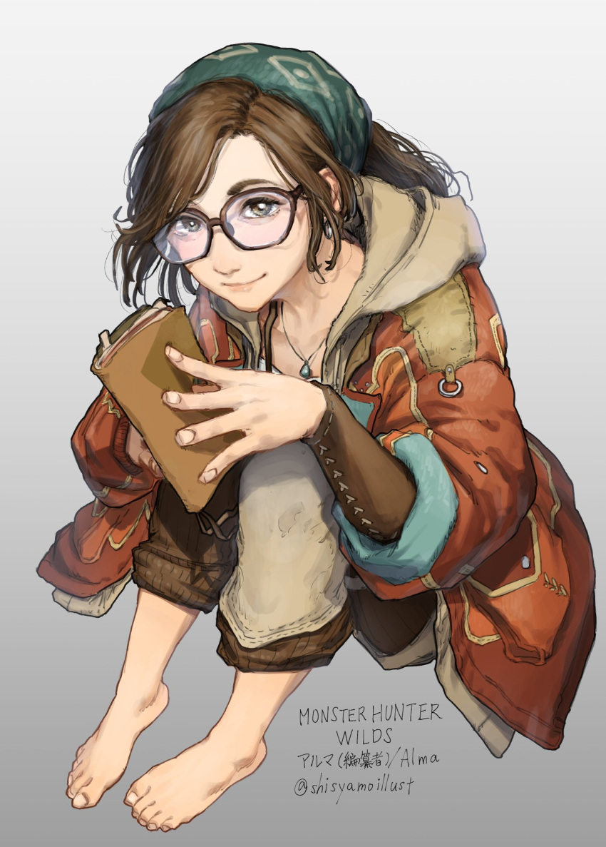 1girl, alma_(monster_hunter_wilds), bandana, book, brown-framed_eyewear, brown_hair, character_name, earrings