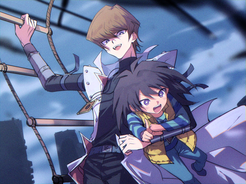 2boys, aircraft, black_hair, black_pants, black_shirt, blue_shirt, brothers, brown_hair