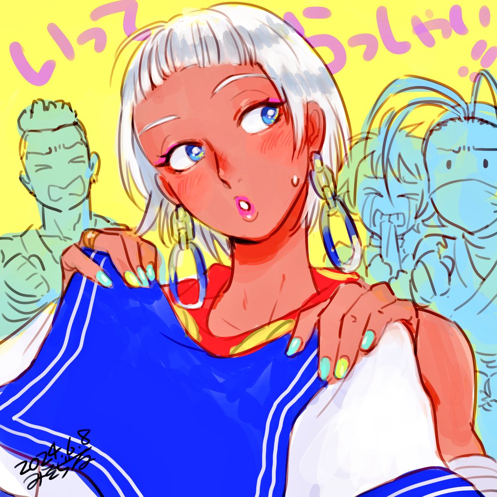 1boy, 3girls, blue_eyes, blue_sailor_collar, blush, crying, dark-skinned_female, dark_skin, dated, earrings, elena_(street_fighter), fingernails, ibuki_(street_fighter), jewelry, lips, makoto_(street_fighter), misodiru, multiple_girls, nail_polish, ninja, sailor_collar, school_uniform, sean_matsuda, serafuku, short_hair, signature, simple_background, street_fighter, street_fighter_6, street_fighter_iii_(series), white_hair