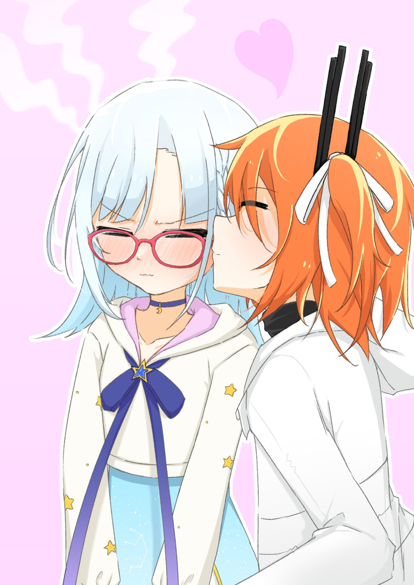 2girls, a.i._voice, adachi_rei, asumi_ririse, bespectacled, blue_choker, blue_hair, blue_ribbon