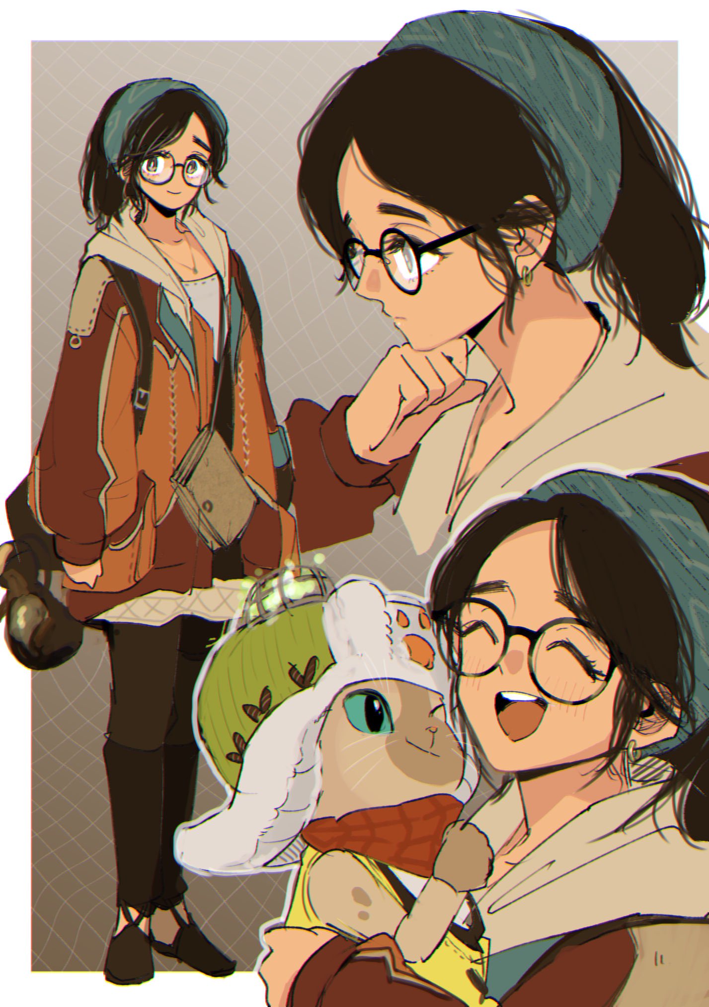 1girl, alma_(monster_hunter_wilds), bandana, black-framed_eyewear, black_eyes, black_hair, book, earrings
