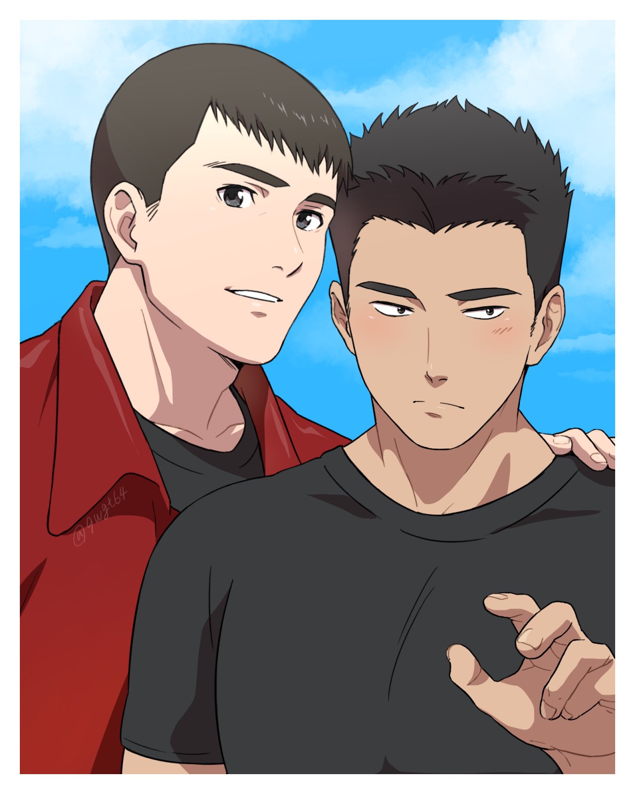 2boys, 9wgt64, ao_isami, black_hair, black_shirt, brown_hair, closed_mouth, facial_hair