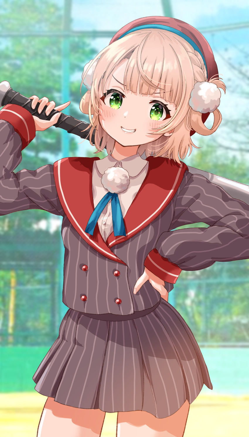 1girl, absurdres, baseball_bat, beret, blonde_hair, blunt_bangs, blurry, blush