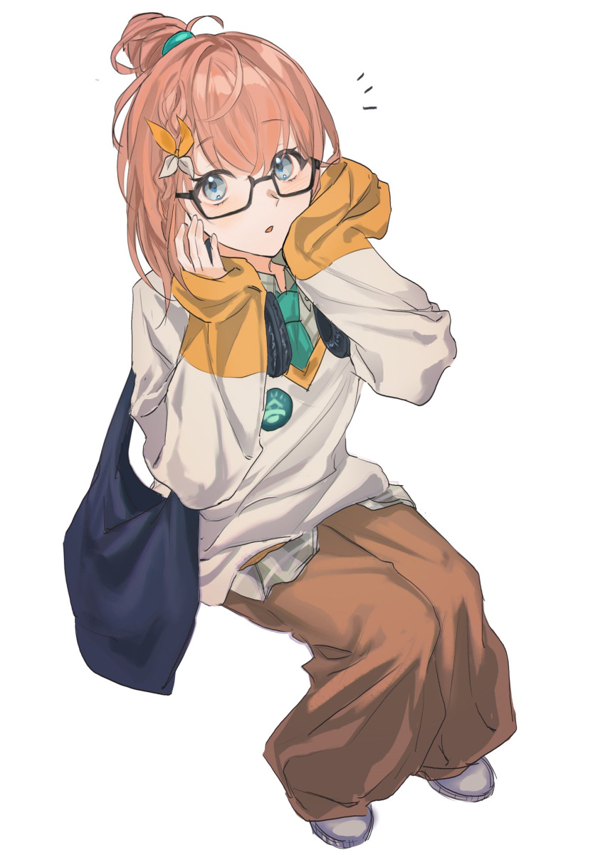 1girl, badge, bag, baggy_pants, bespectacled, black-framed_eyewear, blue_bag, braid