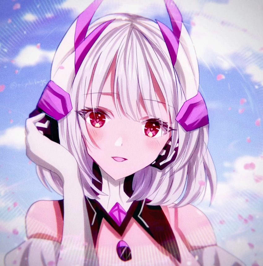 1girl, bare_shoulders, elbow_gloves, gloves, grey_hair, headgear, headphones, high_collar, highres, liv:_luminance_(punishing:_gray_raven), liv_(punishing:_gray_raven), looking_at_viewer, medium_hair, miyabihage, open_mouth, pink_eyes, punishing:_gray_raven, solo, white_gloves