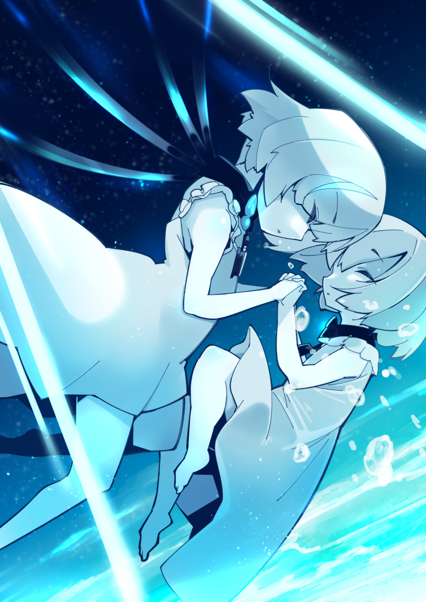 2girls, azur_lane, blue_hair, buchi_maru, closed_eyes, colored_skin, dress, from_side