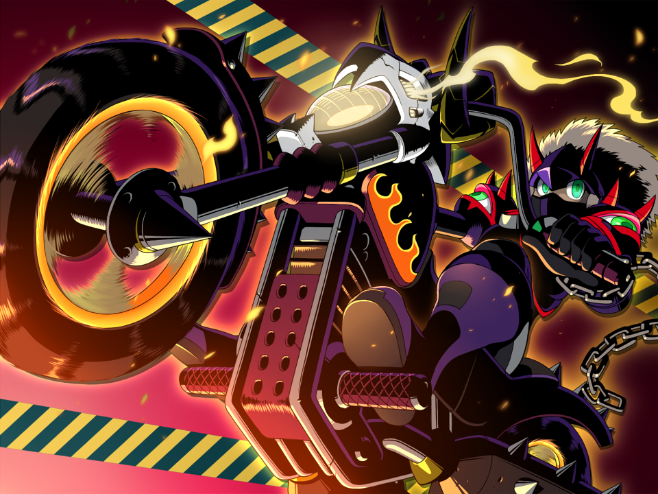 1boy, chain, cosplay, eraseman.exe, eraseman.exe_(cosplay), extra_ears, fire, gradient_background, green_eyes, horns, long_hair, male_focus, mega_man_(series), mega_man_battle_network_(series), megaman.exe, motor_vehicle, motorcycle, napo, red_background, riding, solo, wheelie, white_hair