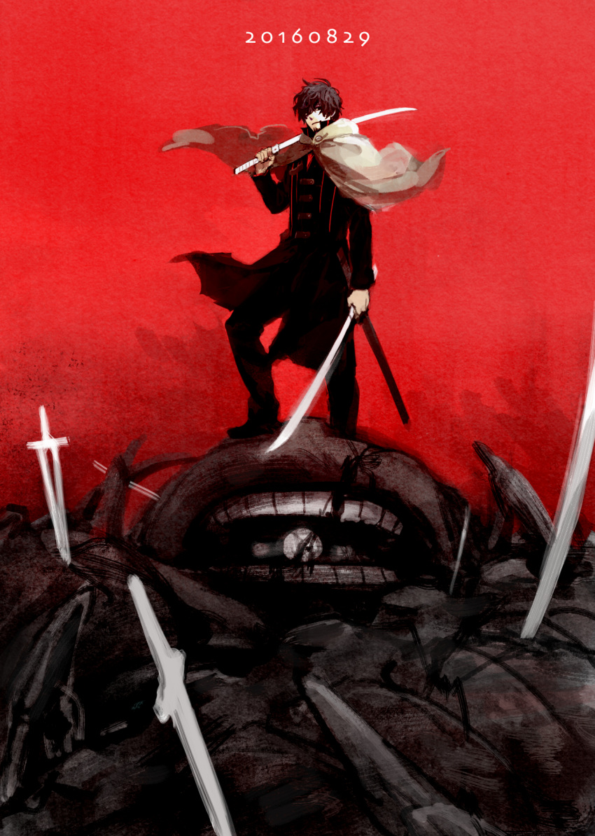 1boy, arumajiro0328, carrying_over_shoulder, cloak, coat, crack, dead_animal, dual_wielding