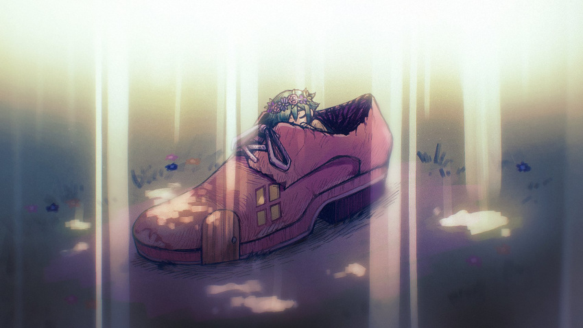 1boy, basil_(headspace)_(omori), basil_(omori), closed_eyes, door, flower, grey_hair, head_wreath