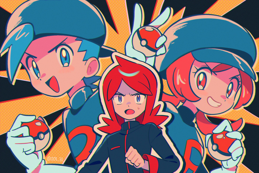 1girl, 2boys, black_hat, black_jacket, black_shirt, blue_hair, brown_hair, chueog
