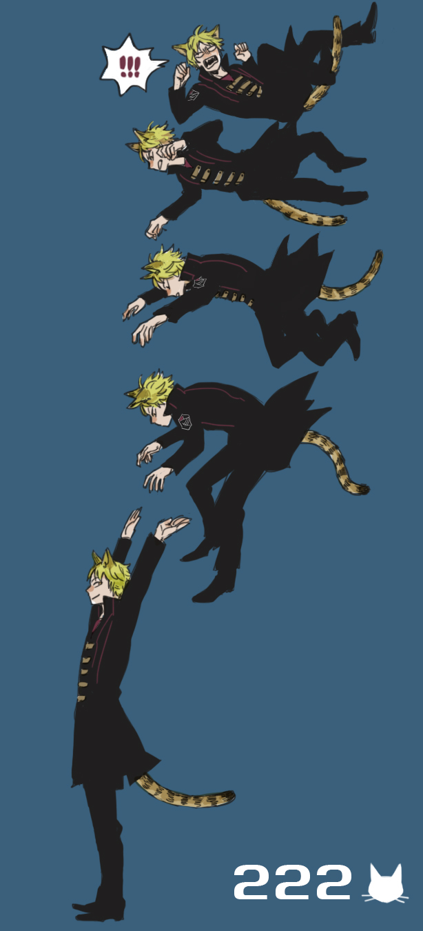 !, !!, 1boy, animal_ears, arms_up, arumajiro0328, black_coat, black_footwear, black_pants, blonde_hair, blue_background, cat_boy, cat_day, cat_ears, cat_tail, clenched_teeth, coat, dated, falling, from_side, highres, izumi_kouhei, landing, long_sleeves, looking_at_viewer, male_focus, multiple_views, open_mouth, outstretched_arms, pants, profile, sequential, shoes, sideways_glance, simple_background, spoken_exclamation_mark, standing, surprised, tachikawa_squad's_uniform, tail, teeth, uniform, world_trigger