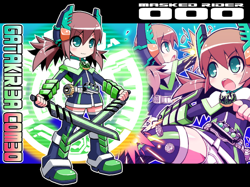 dual-wield, dual_wielding, gatakiriba_(ooo_combo), genderswap, green, hino_eiji, kamen_rider, kamen_rider_ooo