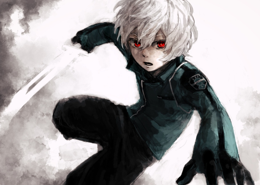1boy, aiming, aiming_at_viewer, arumajiro0328, badge, black_gloves, feet_out_of_frame, gloves