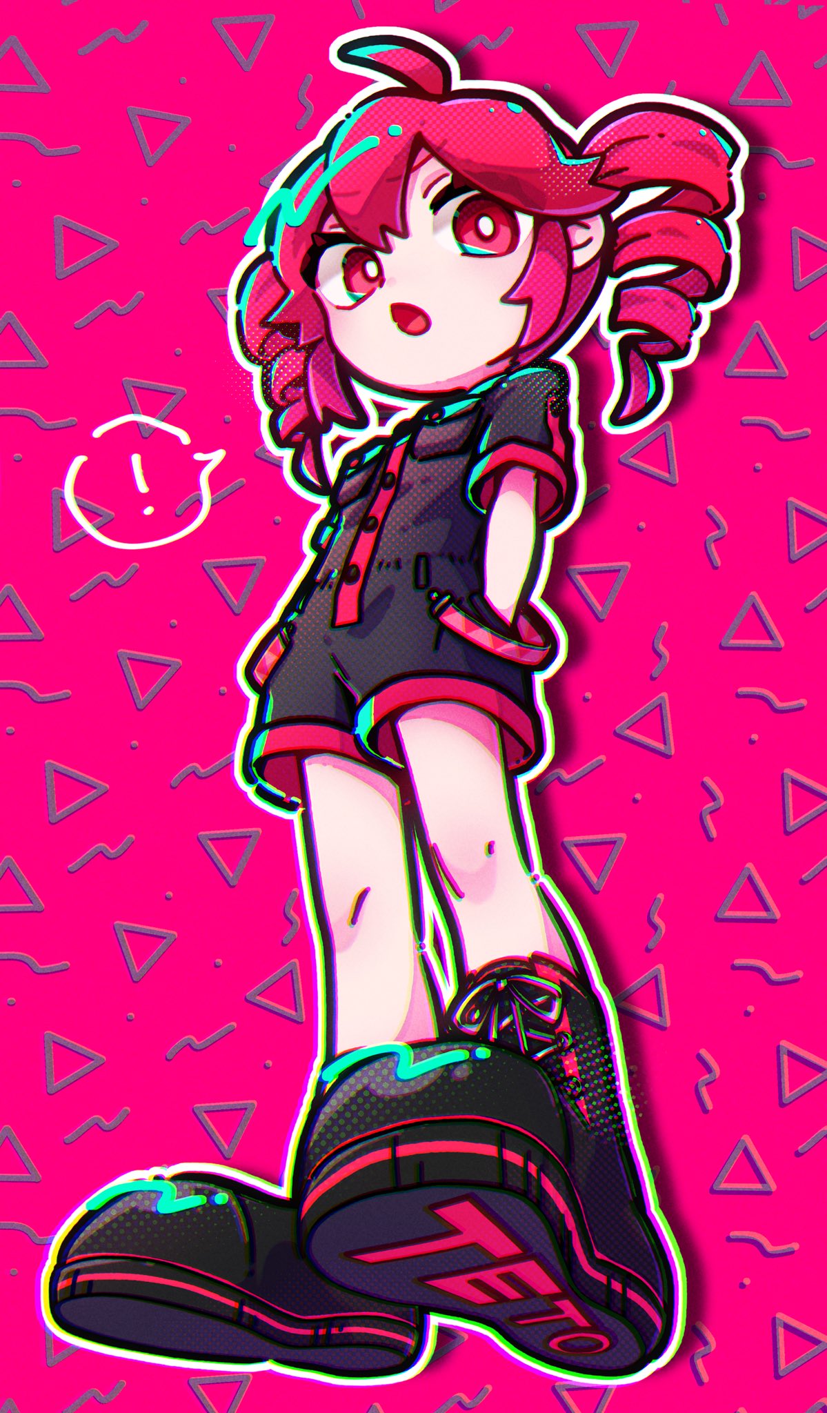 !, 064mn, 1girl, ahoge, black_footwear, black_jumpsuit, boots, breast_pocket
