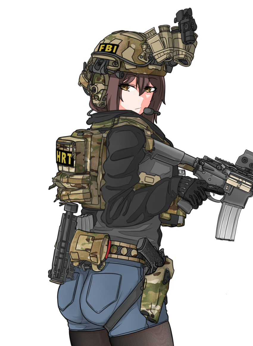 assault_rifle, back, brown_hair, bulletproof_vest, denim, denim_shorts, fbi, fde